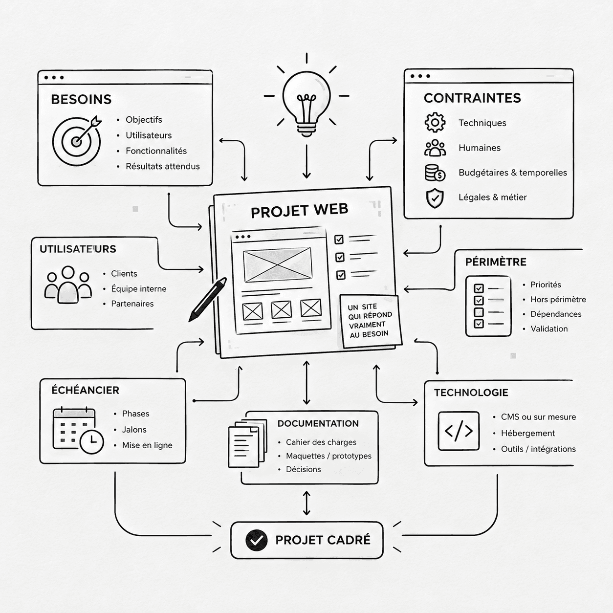 Plan de projet web esquissé sur un tableau blanc avec des notes et des flèches.