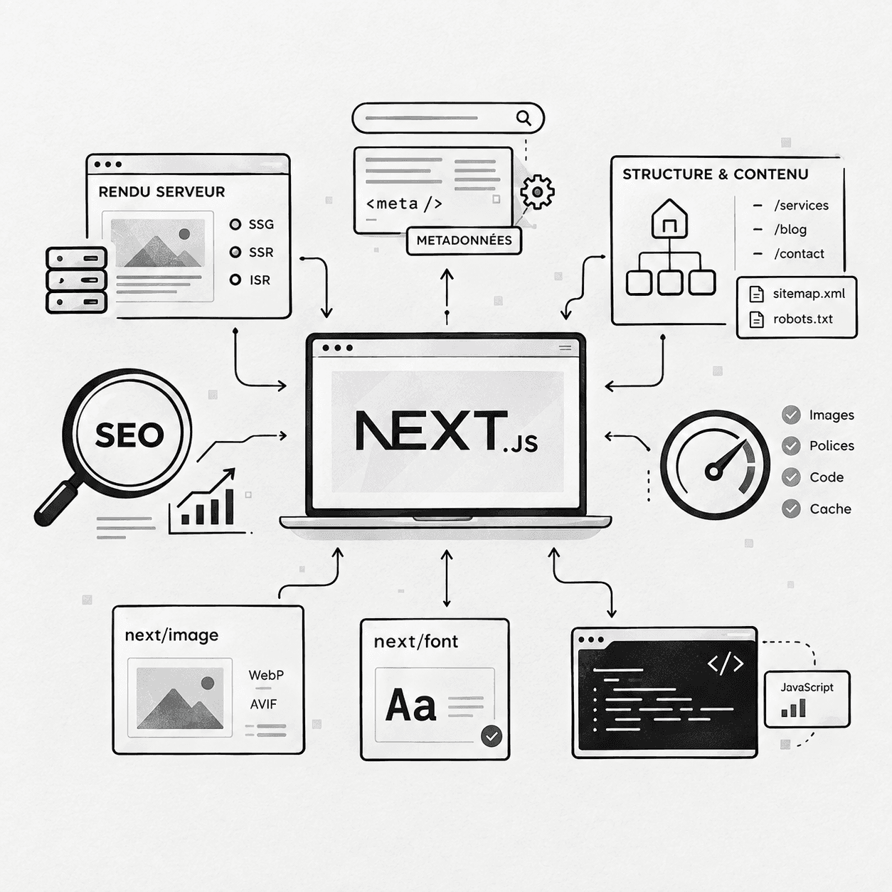 Code Next.js affiché sur un écran avec des éléments liés au référencement naturel.