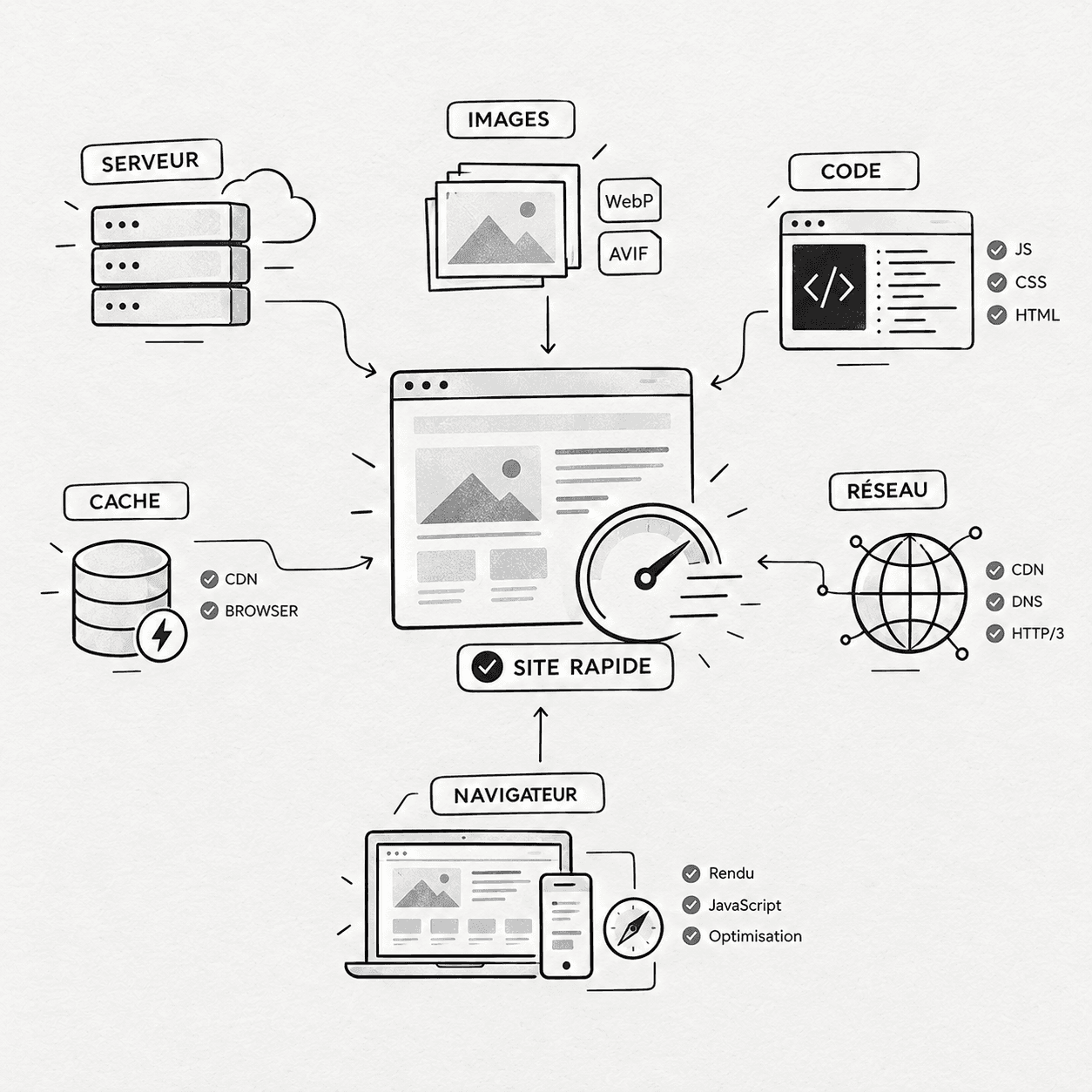 Illustration représentant les différents éléments techniques qui contribuent à la rapidité d'un site web.
